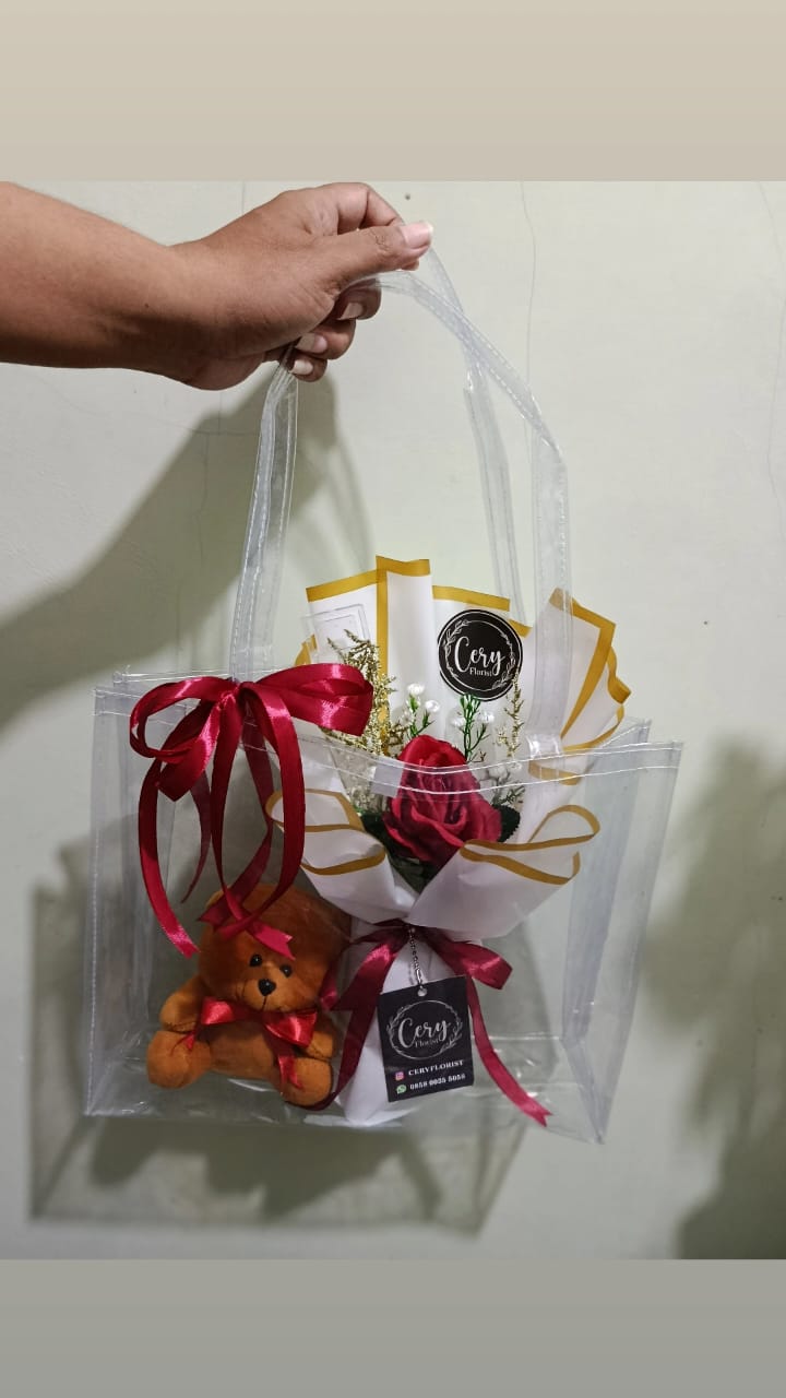 Single Rose Artificial Flower & Teddy Bear